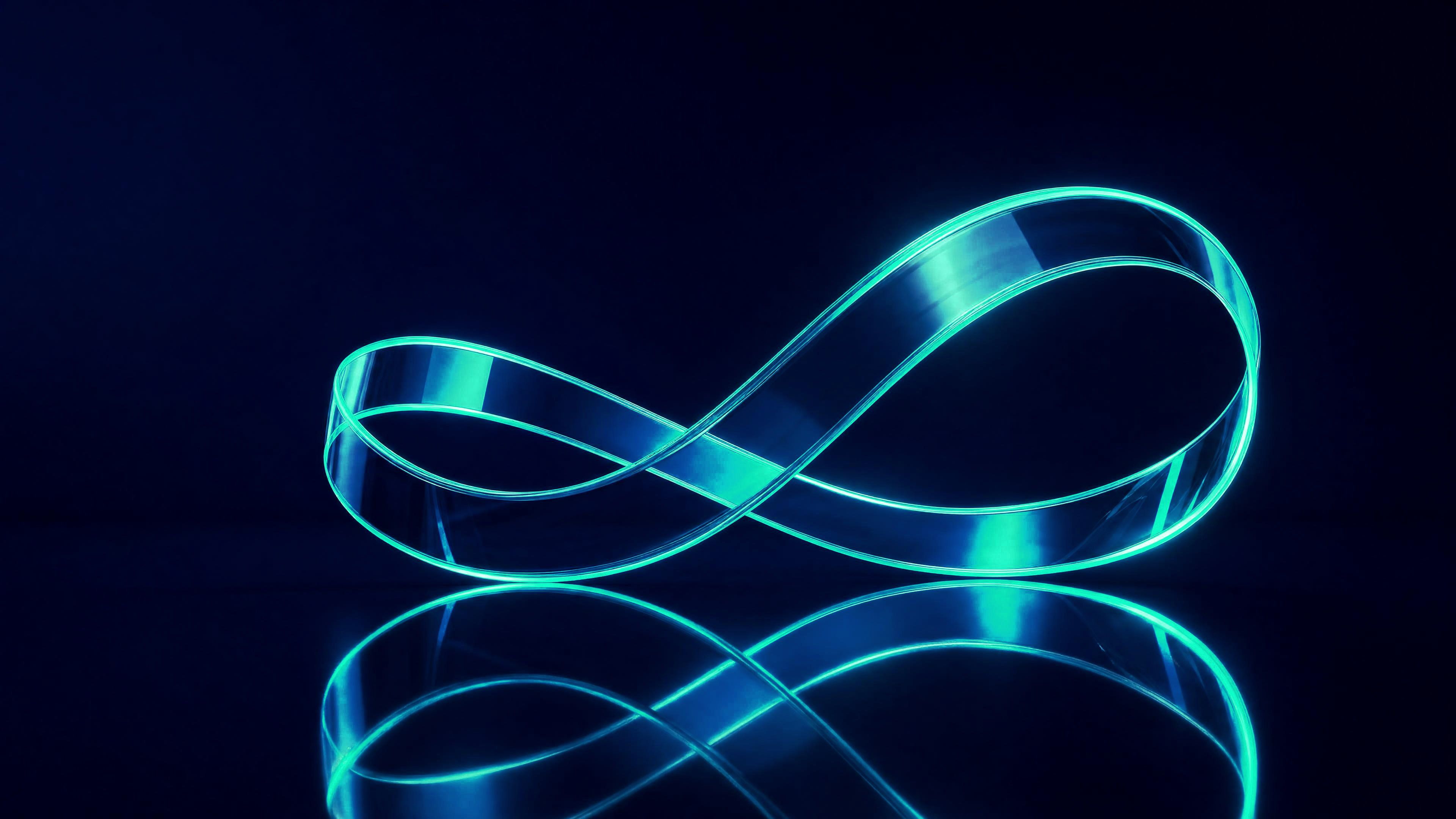 A single wide glass ribbon looping through a figure-eight above its own reflection, edges lit jade, on deep navy.